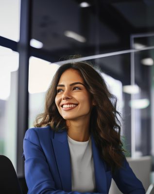Confident, smiling Hispanic businesswoman in green attire; entre Confident, smiling Hispanic businesswoman in green attire; entre